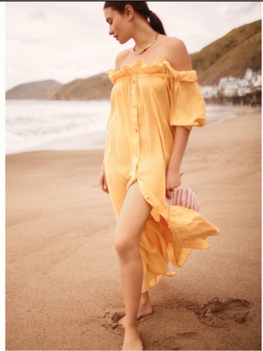 Anthropologie Ruffle Off-The-Shoulder Button  Gauze Beach Cover Up Dress, S - Picture 10 of 12